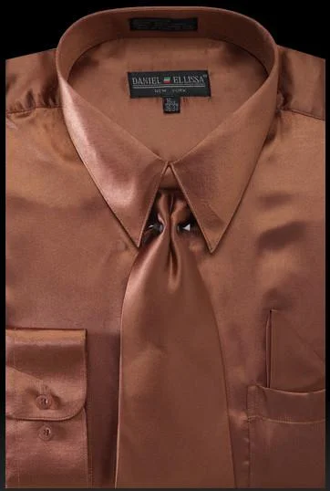 Price Drop Men's Brown Satin Dress Shirt with Tie & Handkerchief