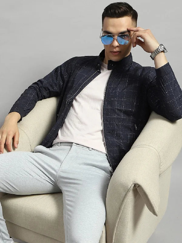 Price Rollback Men Navy Blue Printed Mock Neck Full Sleeve Jacket