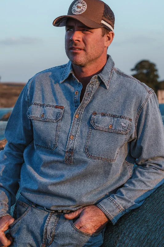 Stock Clearance Atwood Mens Denim Half Button Work Shirt - Vintage Light Blue