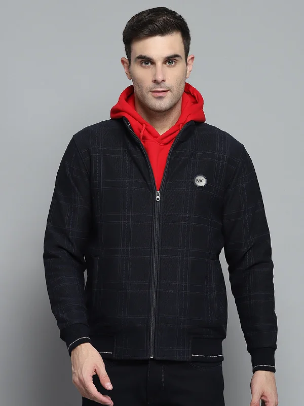 Weekend Savings Bonanza Men Navy Blue Check Mock Neck Full Sleeve Jacket