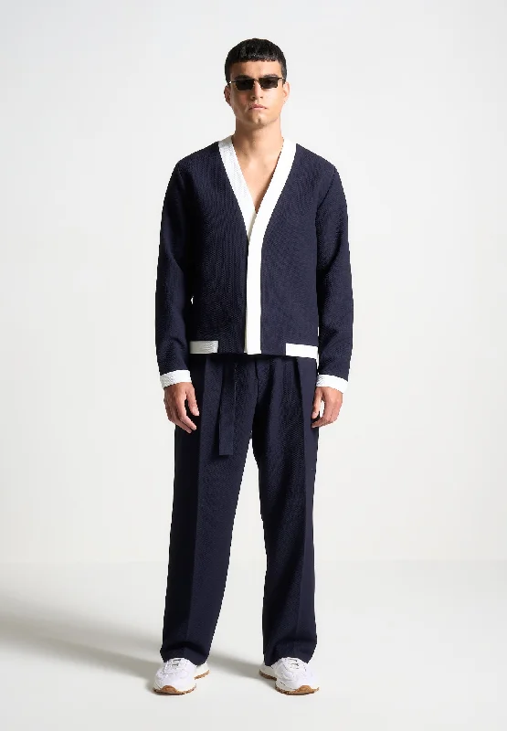 Limited Availability Textured Contrast Cardigan - Navy/White