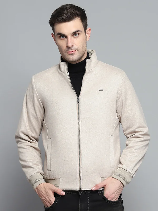 Weekend Discounts to Indulge In Men Beige Solid Mock Neck Full Sleeve Jacket