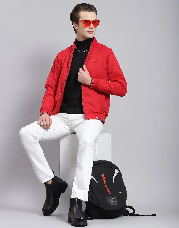 Fantastic Savings Men Red Solid Stand Collar Full Sleeve Jacket