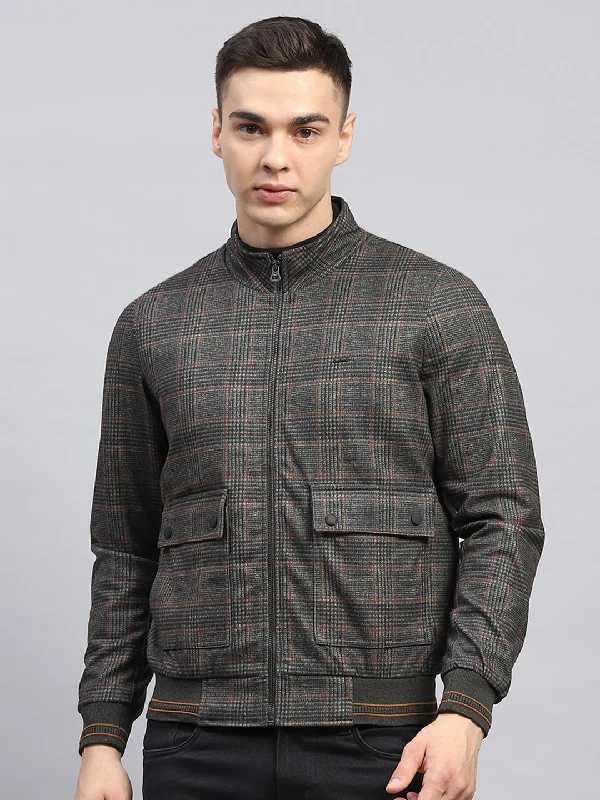 Grand Opening Sale Men Olive Check Mock Neck Full Sleeve Jacket