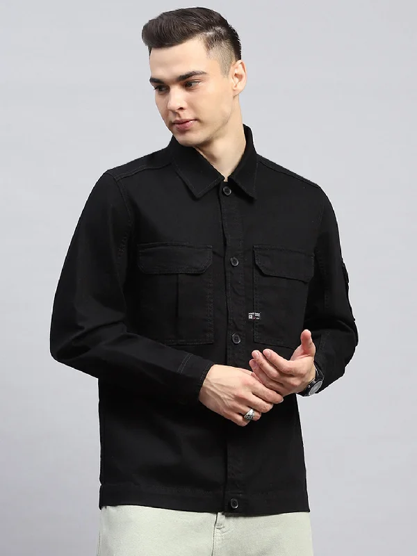 Hurry In Men Black Solid Collar Full Sleeve Jacket