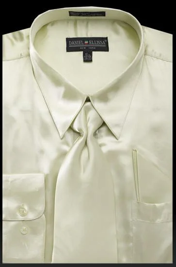 Weekend Discounts You Deserve Men's Olive Green Satin Dress Shirt with Tie & Handkerchief