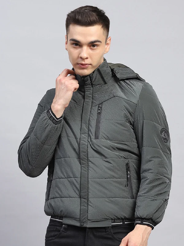 Limited Quantity Men Olive Self Design Detachable Hood Full Sleeve Jacket
